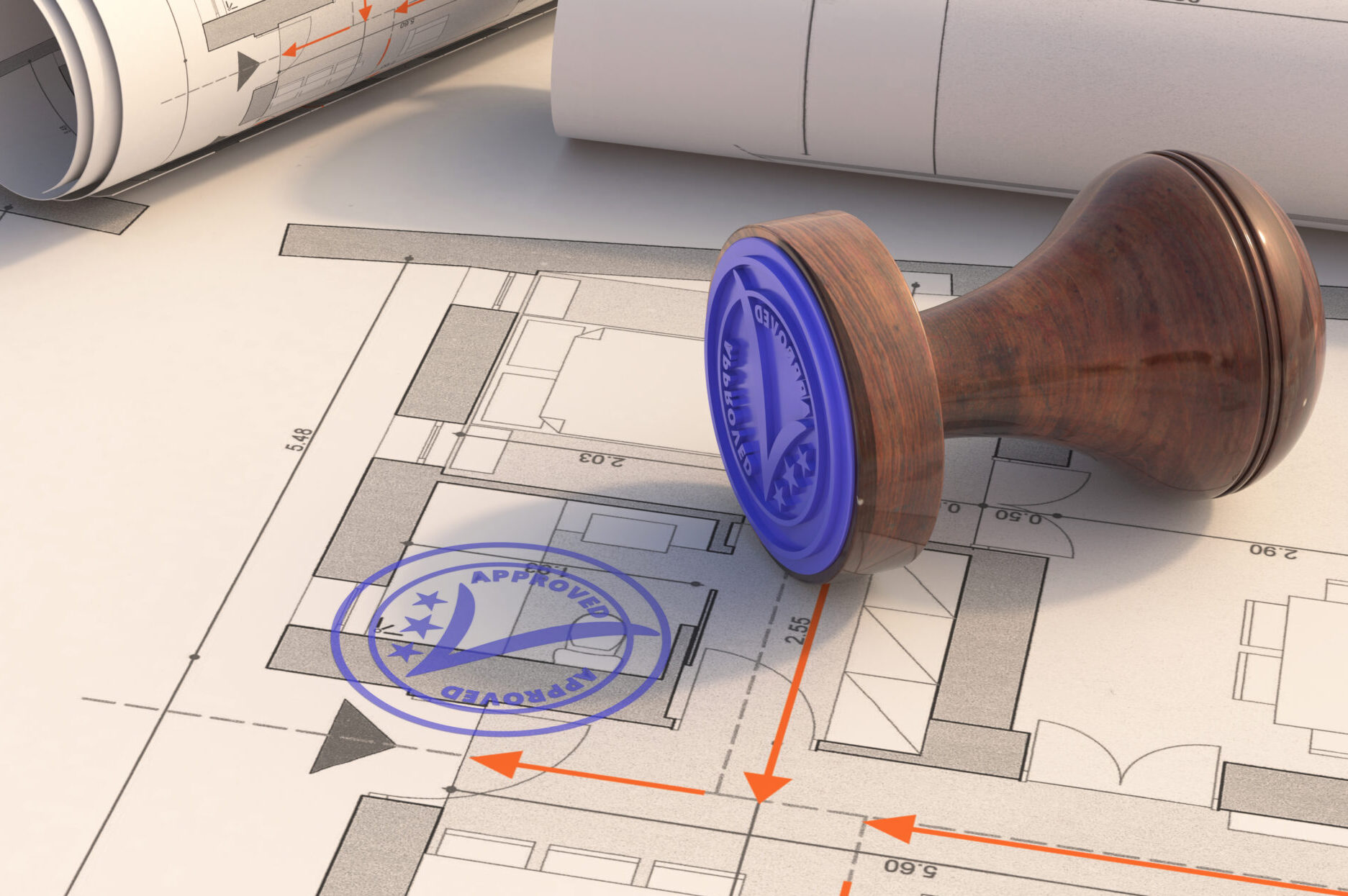 Plan approval. Blue stamp APPROVED on blueprint. 3d illustration